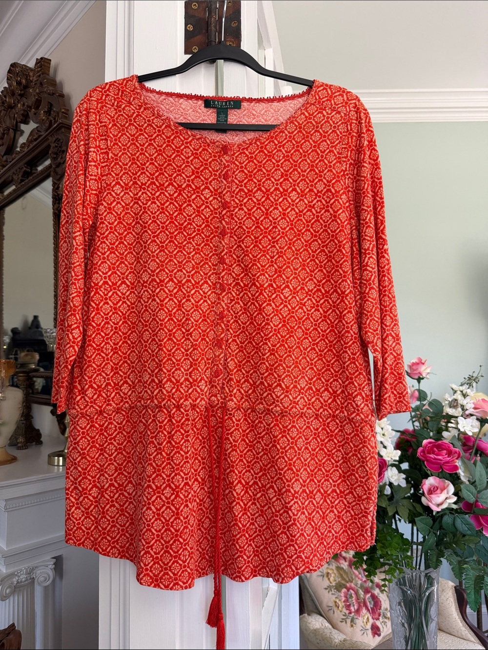 Lauren Ralph Lauren Orange-Red Patterned Tie-Front Tunic, size Large